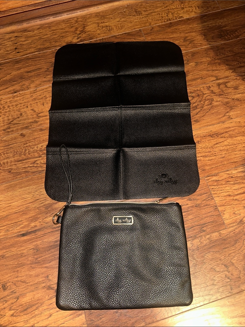 Black Leather Wristlet Pouch with Foldable Organizer